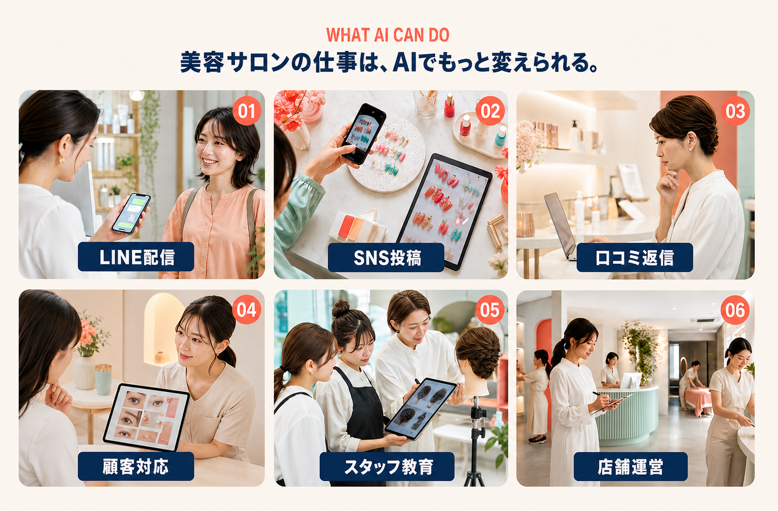LINE配信、SNS投稿、口コミ返信、顧客対応、スタッフ教育、店舗運営にAIを活用
